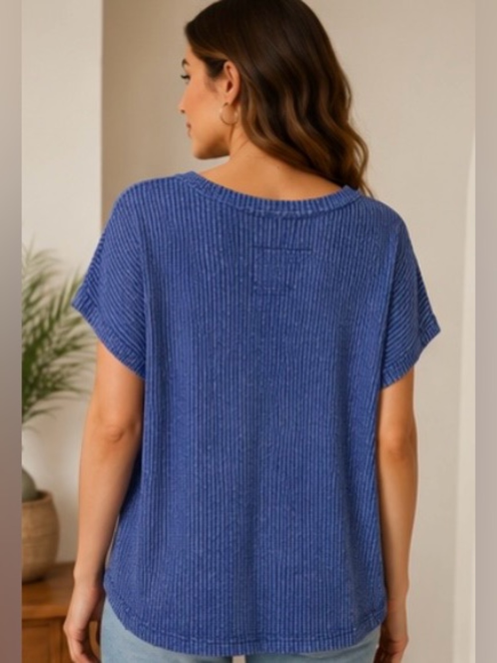 Perch by Blu Pepper 2X Blue Ribbed V Neck Knit Top Oversized - Picture 3 of 6